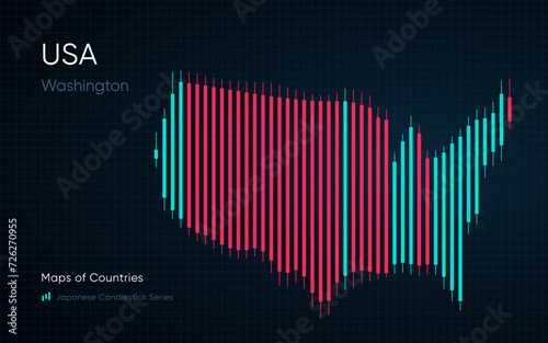 United States of America, USA map is shown in a chart with bars and lines. Japanese candlestick chart Series	
