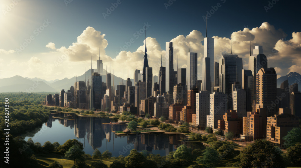 Captivating Urban Twilight: Spectacular cityscape and skyline under a mesmerizing sunset, revealing the architectural marvels and downtown charm, generative AI