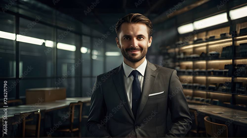 Fototapeta premium Happy handsome smiling professional business man, happy confident positive male entrepreneur standing outdoor on street, looking at camera. With space to type.