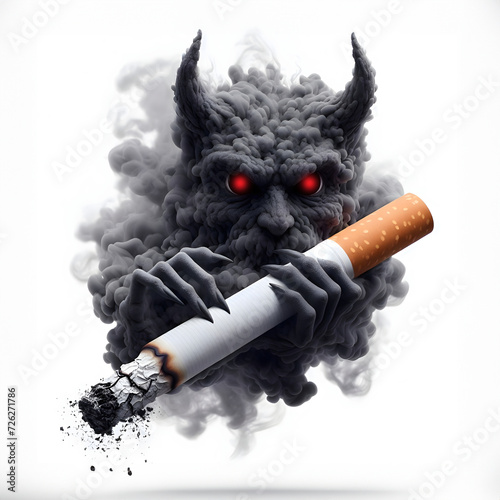 Close-up scared devil holding cigarette or tobacco with dark smoke isolated in white background, World No Tobacco Day, Unhealthy life style, Lung cancer prevention concept.
