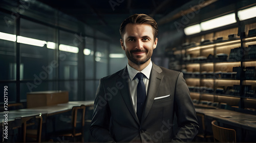 Happy handsome smiling professional business man, happy confident positive male entrepreneur standing outdoor on street, looking at camera. With space to type.