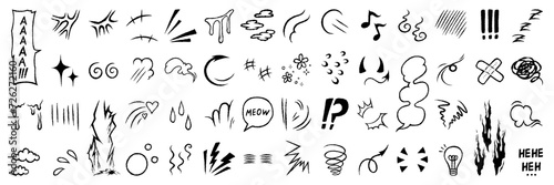Anime manga ink drawing emotion effect element. Expression sign, speech bubble, crown, heart and fire shape. Character emotion vector set.
