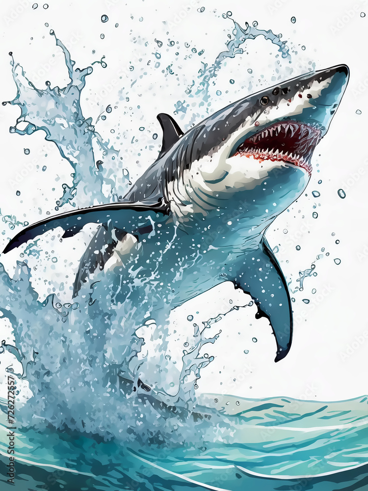 Naklejka premium 凶暴なサメがしぶきを上げて襲い掛かる