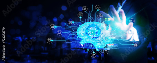 Banner futuristic businessman on background raisr hand to touch AI  chipset that have holographic show brain control aboout lifestyle , investment , and business , IOT technology concept.  photo