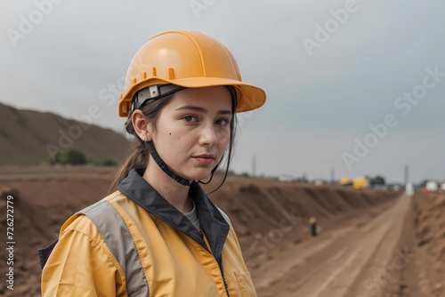 Woman Engineer at Construction Site, Hard Hat and Vest Ready for Action