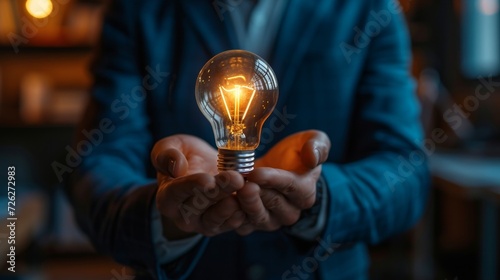 Person with glowing lightbulb and stari deal for creativity, inspiration, innovation, and leadership concepts in business, education, or selfimprovement content. photo