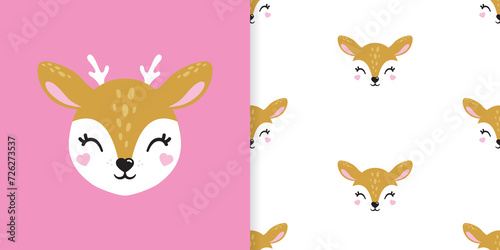 Illustration of cute deer  fawn. Baby  child  cute portrait. Little face  little animal  pet. Brown character. Sticker  wall art  kids room decoration  cutie full face  pattern seamless