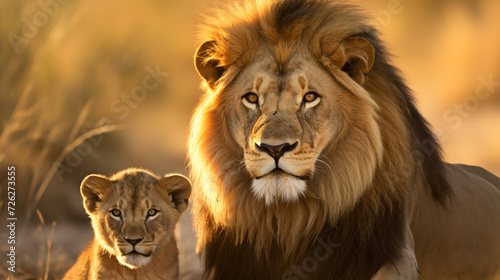 Africa Botswana Adult male lion Panthera leo and cub  © Rimsha