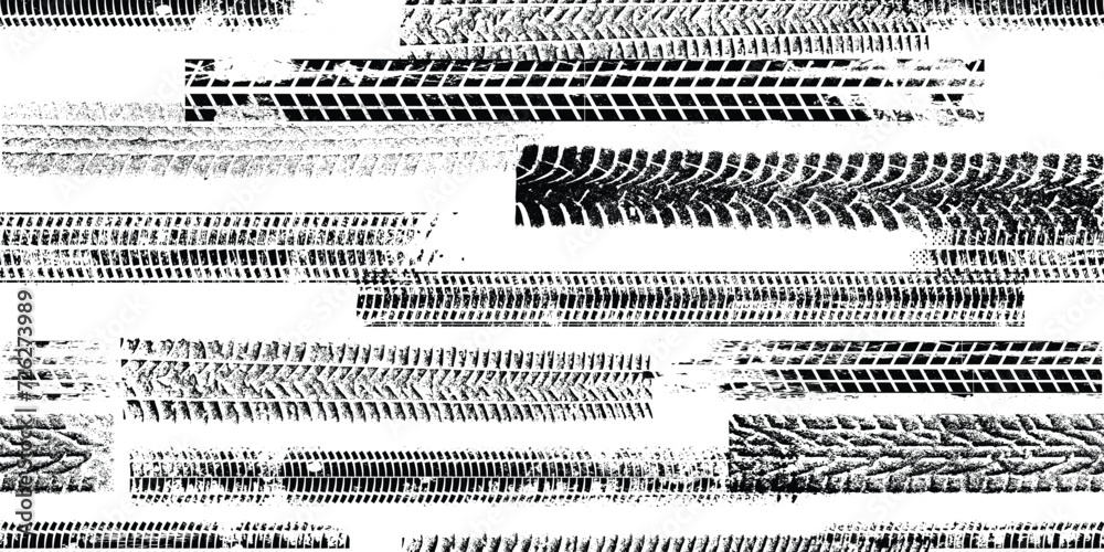 Tire track seamless pattern. Grange tread marks .Grunge textured vector car tread . Car trails endless pattern texture. Tyre track seamless texture. Wheel tire tread track background - obrazy, fototapety, plakaty 