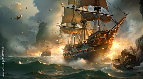 Abstract animation of a pirate ship . Dynamic, nautical, animated waves, pirate flag, Jolly Roger, adventurous, seafaring, thrilling, high seas, animated quest. Generated by AI. photo