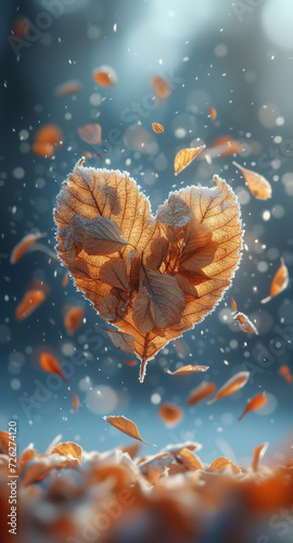 Leaves in the shape of a heart. Frosty winter february forest in the style of fleeting moments. Love theme, portrait, vertical orientation.