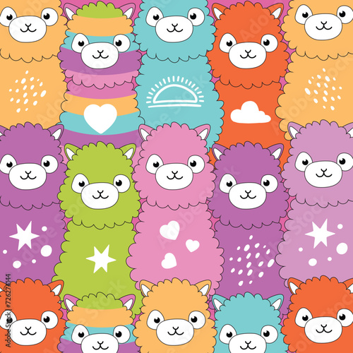 Alpaca family portrait. Cute, funny baby animal faces, portraits. Illustration for printing on fabric, postcard, wrapping paper, book, picture, wall. Cutie crowd, happy pandemonium of animals in zoo
