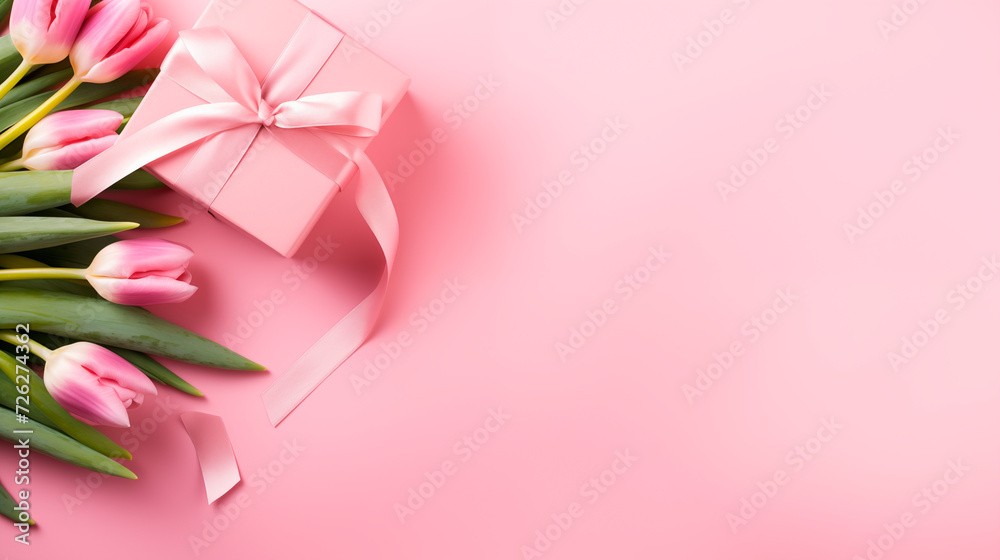 Top view of a bouquet of tulips and a gift box with a ribbon bow. Gift and pink tulips on a pastel pink background with copy space. Mother's Day and Valentine's Day concept Top view of a bouquet of tulips and a gift box with a ribbon bow. Gift and pink tulips on a pastel pink background with copy space. Mother's Day and Valentine's Day concept