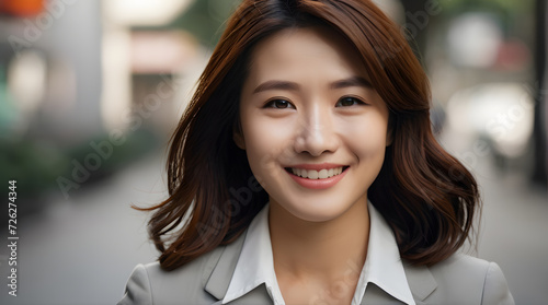 Happy pretty smiling professional business Asian woman, happy confident positive female entrepreneur standing outdoor on street, looking at camera. With space to type.