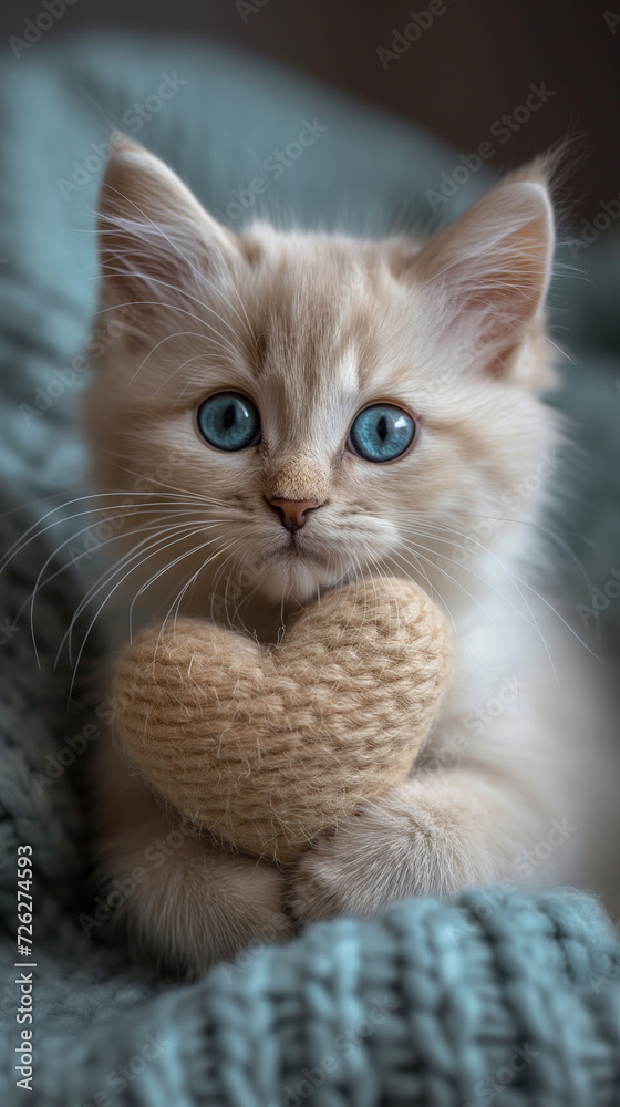 Kitten with a heart plush. Red tabby kitten with vibrant cyan blue eyes holding a beige heart-shaped toy. Soft knitted mint green blanket concept. In the style of a cute animal Valentine's Day card.