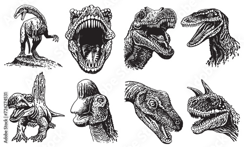 Graphical set of dinosaurs on white background,vector illustration. Science. 