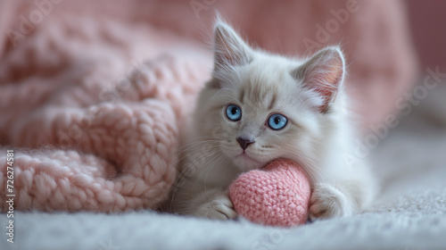Kitten with a heart plush. Cream tabby kitten with vibrant cyan blue eyes holding a pink heart-shaped toy. Soft knitted pastel pink blanket concept. In the style of a cute animal Valentine's Day card.