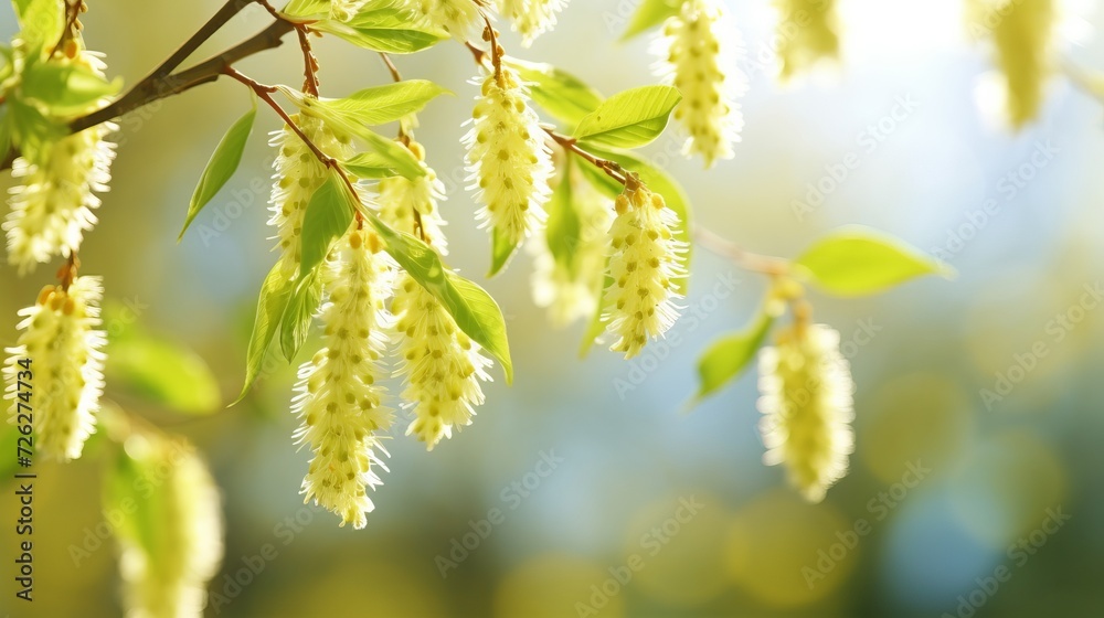 Fototapeta premium Willow branch with catkins in forest, blurred background, sunny weather symbol of easter holiday
