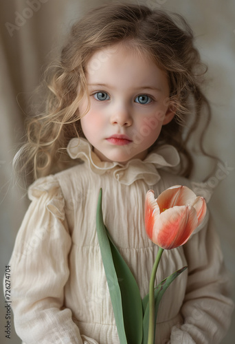 Young girl, dressed in colorful clothing, holds a delicate flower as she stares confidently into the camera, capturing the innocence and beauty of childhood