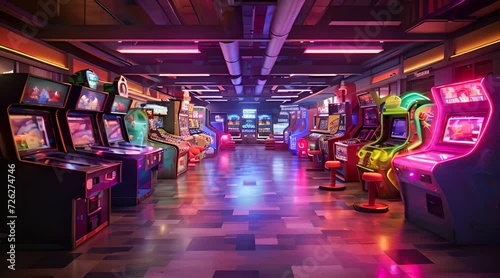 Abstract animation arcade hall filled with gaming machines. Flashing lights, dynamic patterns, and a lively atmosphere create an exciting and immersive gaming experience. Generated by AI. photo