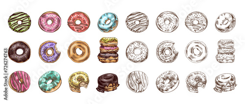 A set of hand-drawn colored and monochrome sketches of donuts. Vintage illustration. Pastry sweets, dessert. Element for the design of labels, packaging and postcards.