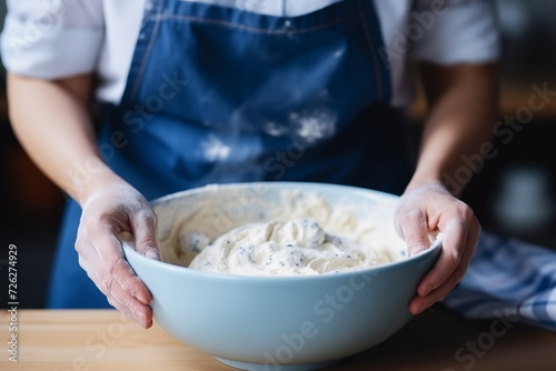 Close up view of female baker hands making pastry dough in bowl