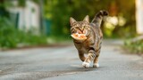 A cat drags a stolen slice of pizza down the street in its teeth
