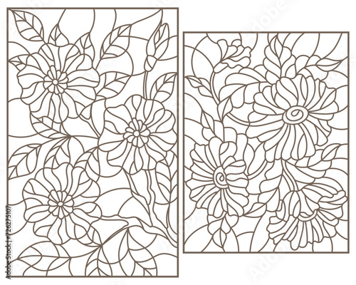 Set of contour illustrations in stained glass style with floral arrangements, dark contours on a white background