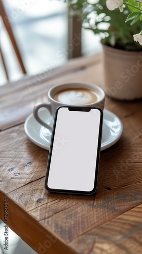 Cell phone on table with coffee; white blank screnn, suitable for technology, business, communication, and lifestylerelated designs, websites, social media posts, social media reels .