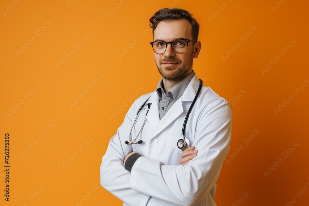 AI generated illustration of a doctor, with a stethoscope, slightly smiling on an orange backgorund