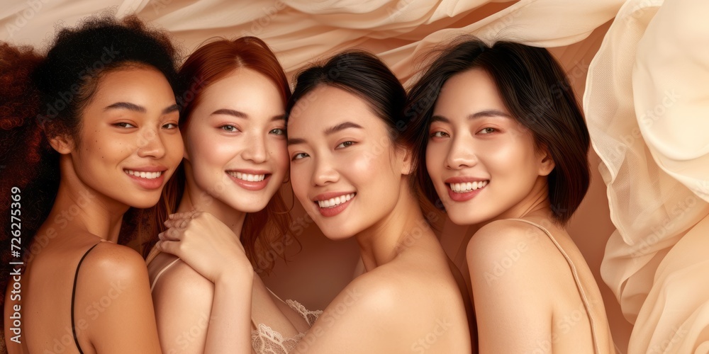 Obraz premium Face portrait, beauty and group of women in studio. Natural cosmetics, skincare and diversity of happy female models.