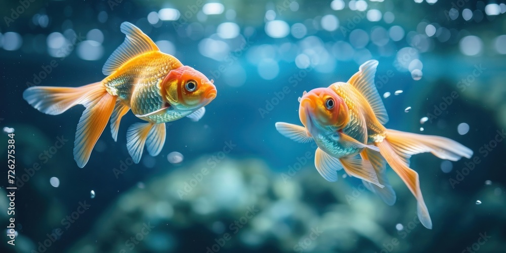 Animals gold fishes pets aquarium freshwater fish background - Two sweet cute goldfishes (cyprinidae) swimming in blue water, Generative AI 