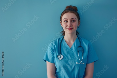 AI generated illustration of a nurse slightly smiling on a blue background