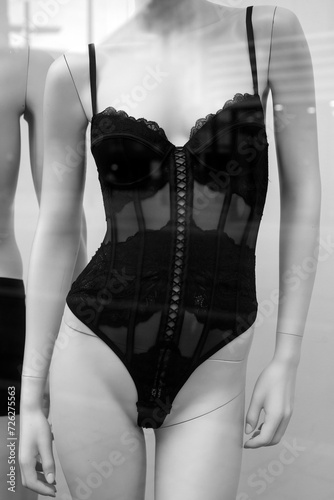 Closeup of black underwear on mannequin in a fashion store showroom