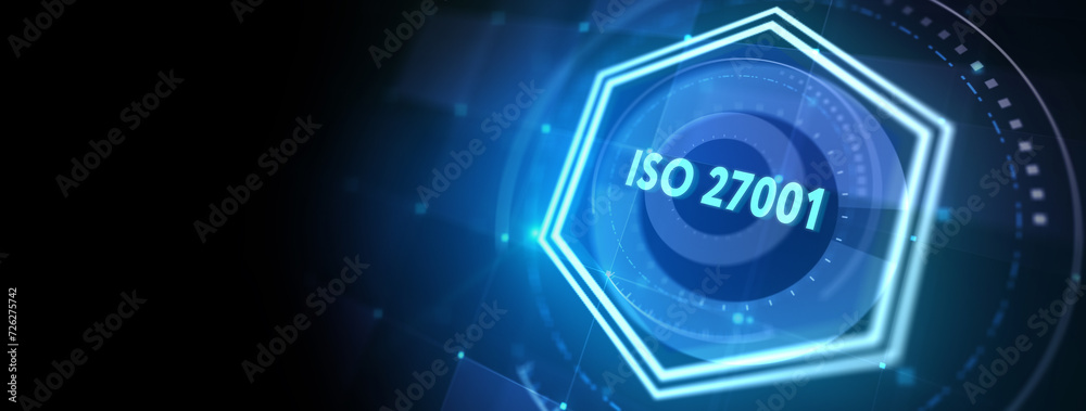 ISO 27001 Standard certification standardisation quality control concept on screen. 3d illustration ISO 27001 Standard certification standardisation quality control concept on screen. 3d illustration