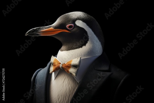 Penguin in formal business outfit. Aquatic polar bird in stylish corporate costume. Generate ai