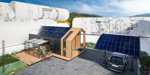 Project of Energy supply at a single family house with solar carport (mountain landscape in background) - 3D visualization
