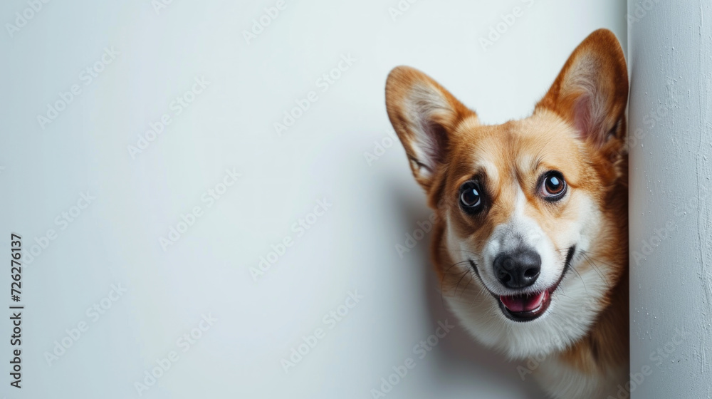 Cute Welsh corgi dog curious, and looking out, on blank background