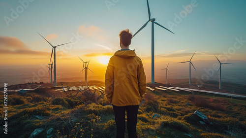 Individual Contemplating Wind Energy at Sunrise. , clean energy concept