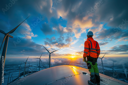 Wind Farm Technicians Evaluating Turbine Operations. ,  clean energy concept