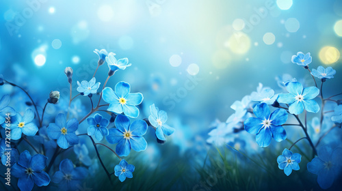 Breathtaking panoramic view of spring landscape with charming forget me not flowers in bloom © Aliaksandra