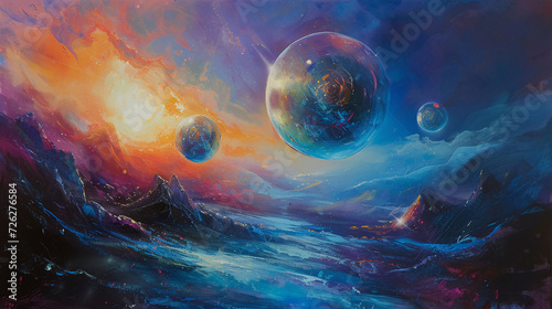 Painting of a painting of planets in a colorful sky with a river