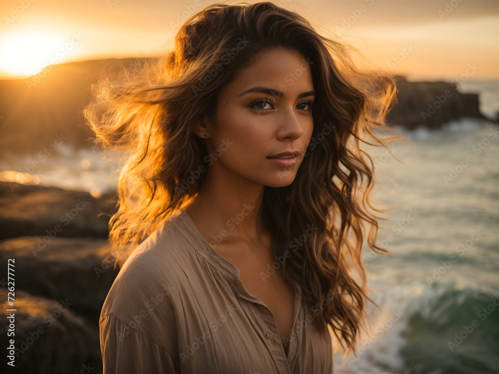 Young and beautiful woman at the rocky coastline at sunset
