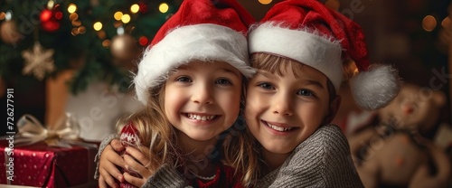 Christmas xmas home holiday celebration - Happy smiling, children siblings , european boy and girl with santa claus hat, gift boxes and christmas tree, Generative AI 