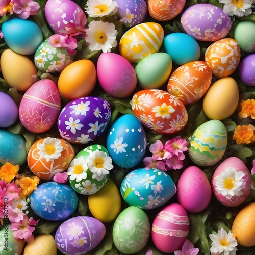 Colorful Easter eggs decoration with spring flowers