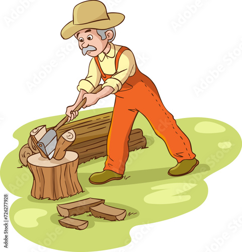 Lumberjack chopping wood with an axe colorful character vector Illustration