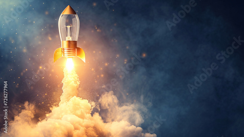 A light bulb takes off like a rocket with copy space photo