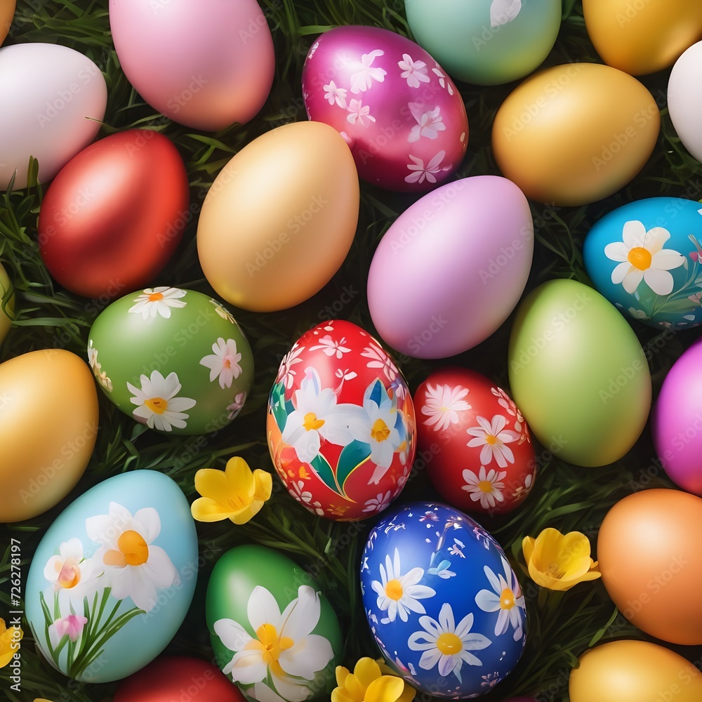 Colorful Easter eggs decoration with spring flowers