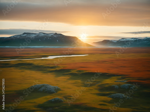 Tranquil Summer Solitude: Exploring the Majestic Tundra Landscape at Sunset, A Scene of Wilderness Beauty and Serenity