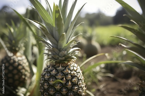 Pineapple growth plantation. Exotic sweet organic fruits orchard. Generate ai © nsit0108